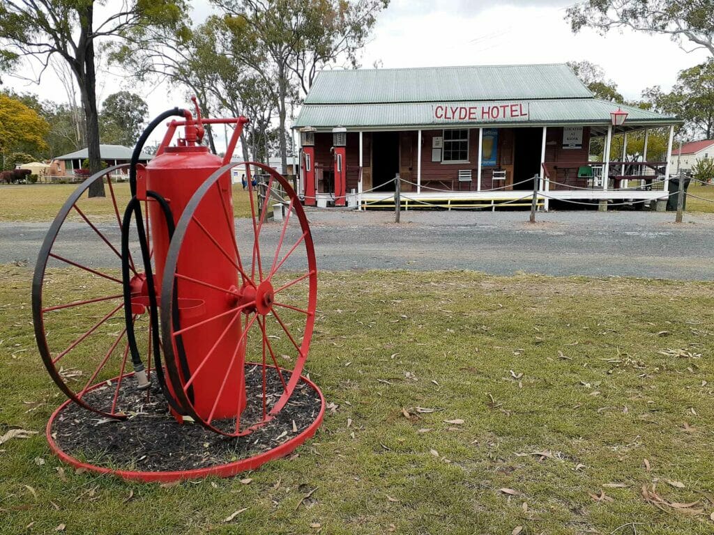 A fire extinguisher from yesteryear outside the Clyde Hotel at the Calliope River Historical Village